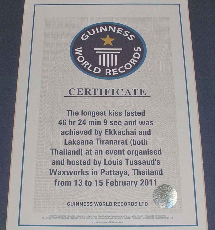 Gunniess world record certificate for longest kiss in the world