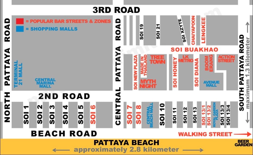 map showing nightlife spots and best area to find popular guest friendly hotels in Pattaya