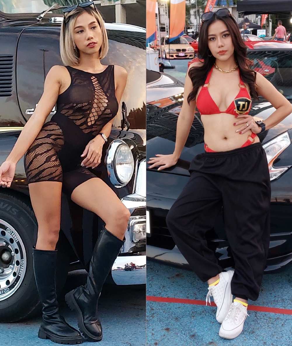 two hot Thai girl models at Pattaya, Thailand car on the beach festival in 2022