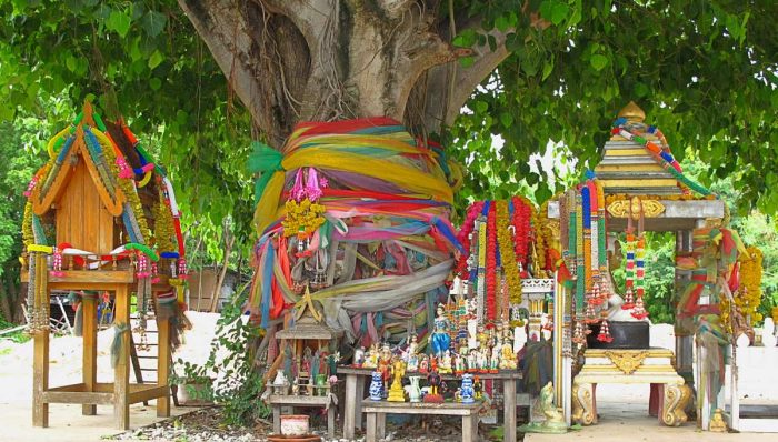 Trunk of a sacred tree wrapped in ribbon and with Buddhist and Hindu figurines placed around the base