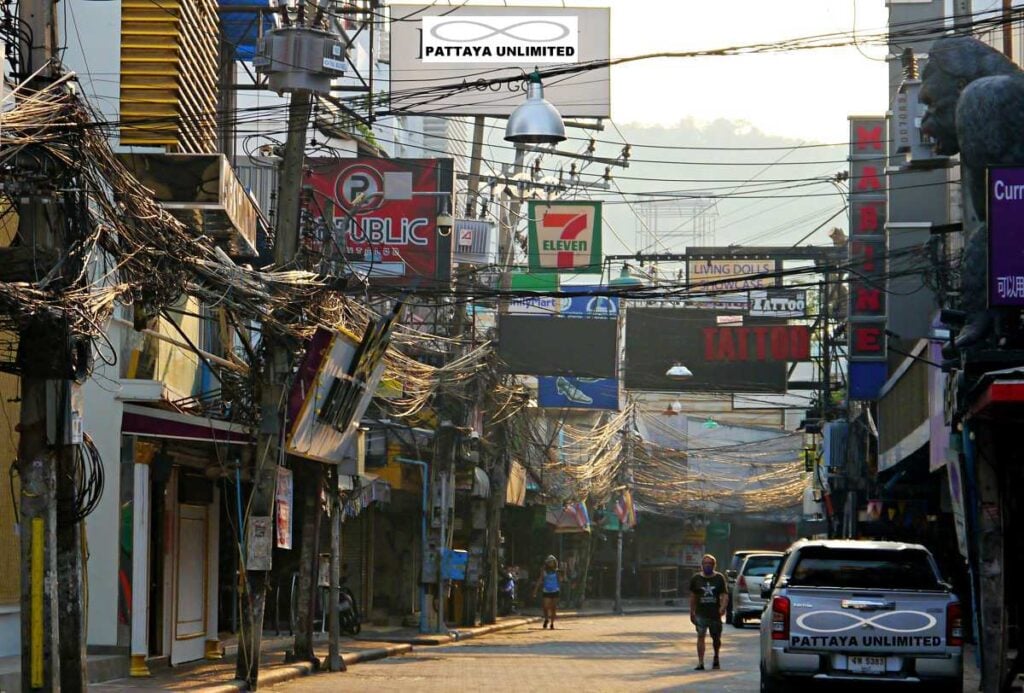 Overhead power cables on Walking Street Pattaya 2021