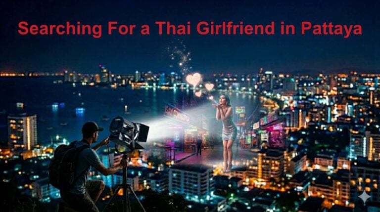 AI‑generated illustration of a searchlight spotlighting a woman while searching for a genuine Thai girlfriend in Pattaya