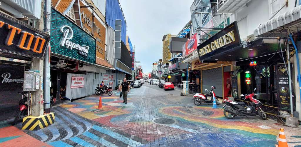 Walking Street Pattaya Thailand without overhead cables and signs in 2023